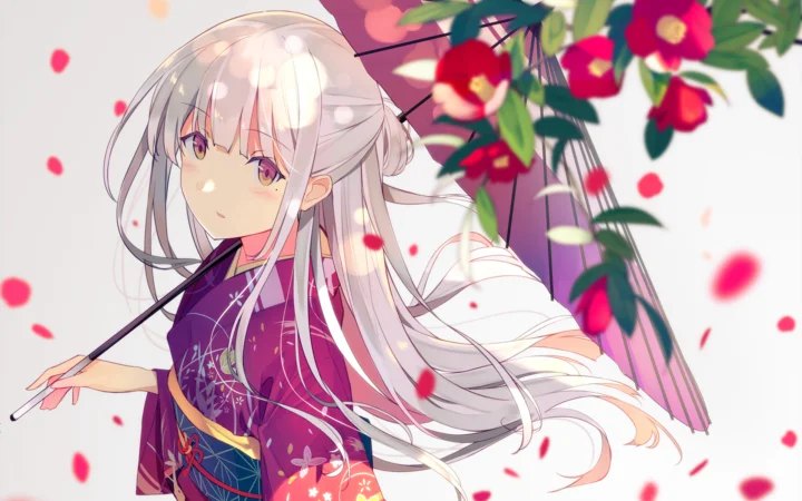 一位白发动漫少女撑着紫色花伞，周围飘落着花瓣。