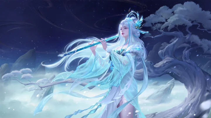 一位白发动漫女子在月夜般的蓝色幻想场景中吹奏长笛，身后可见梦幻树木与星空。