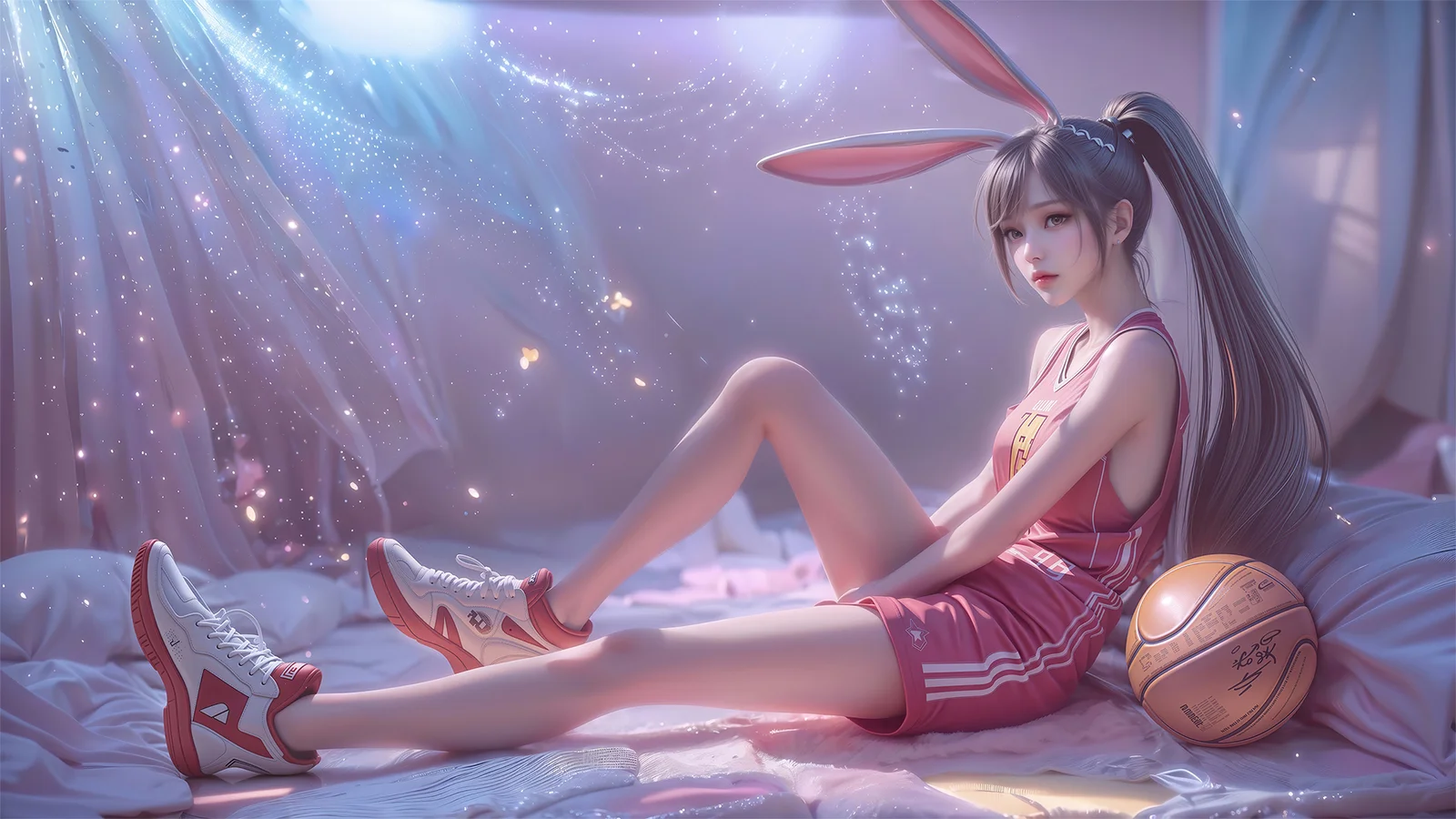 一名戴著兔耳髮飾的動漫少女坐在柔和夢幻光線中的床上，身旁放著籃球。