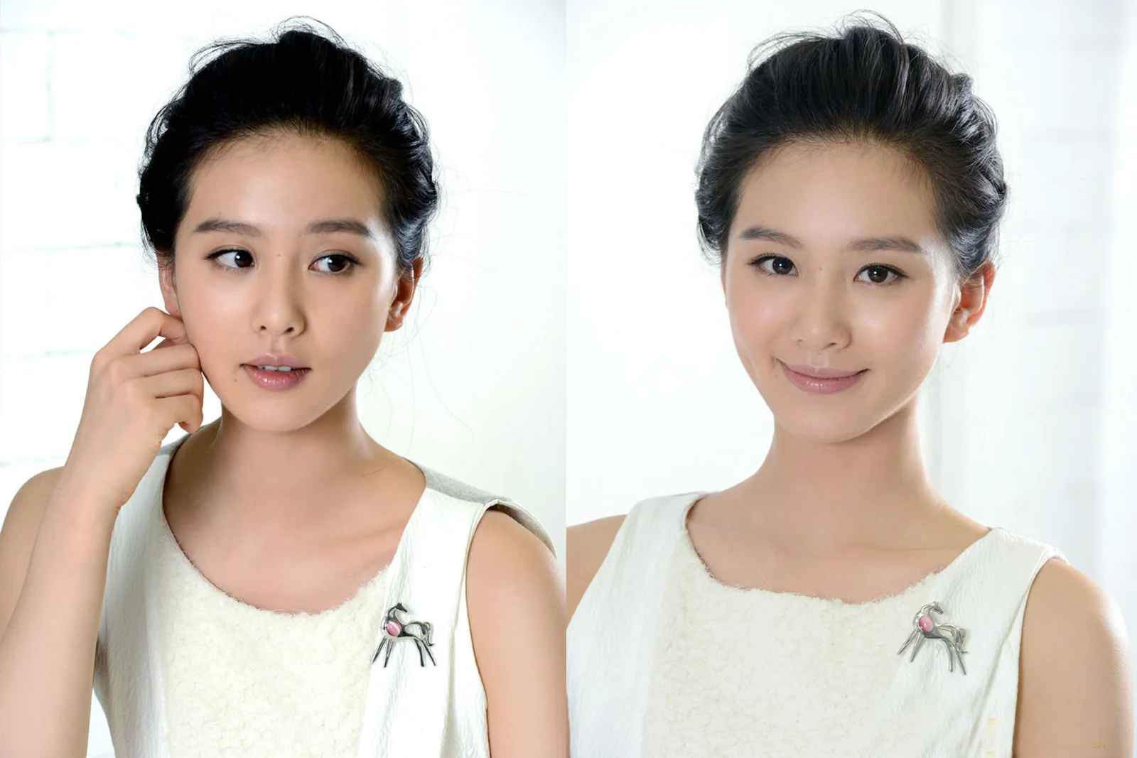 白いノースリーブトップスを着て髪をまとめた成人女性のスタジオポートレートが左右に並んでいます。