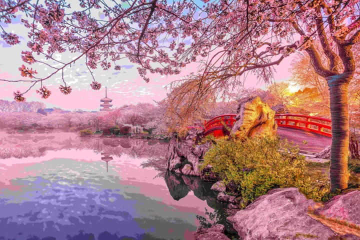 粉色樱花掩映着湖泊、红桥和远处的 pagoda，倒影映在平静的水面上。
