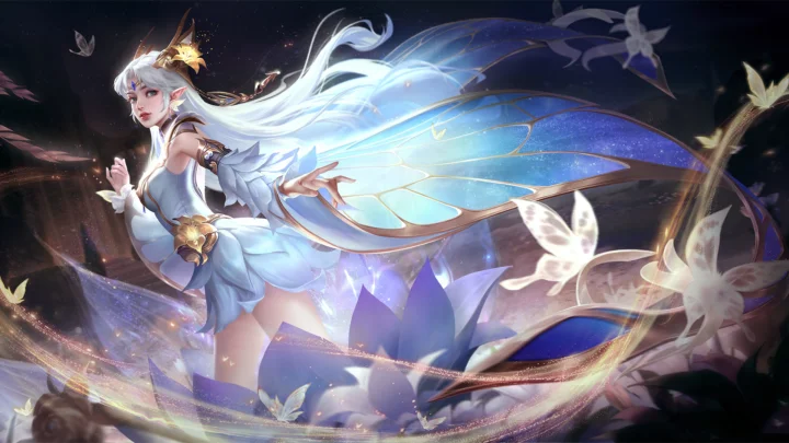 画面展示一名白发动漫女性角色，身穿白色服装，身后展开蓝色翅状装饰，周围点缀着蝴蝶与花朵。