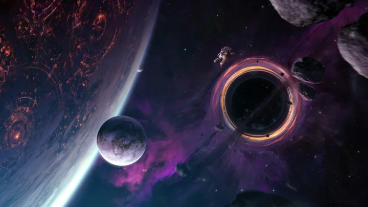 画面展现紫色星云、环状黑洞、行星与繁密星空。
