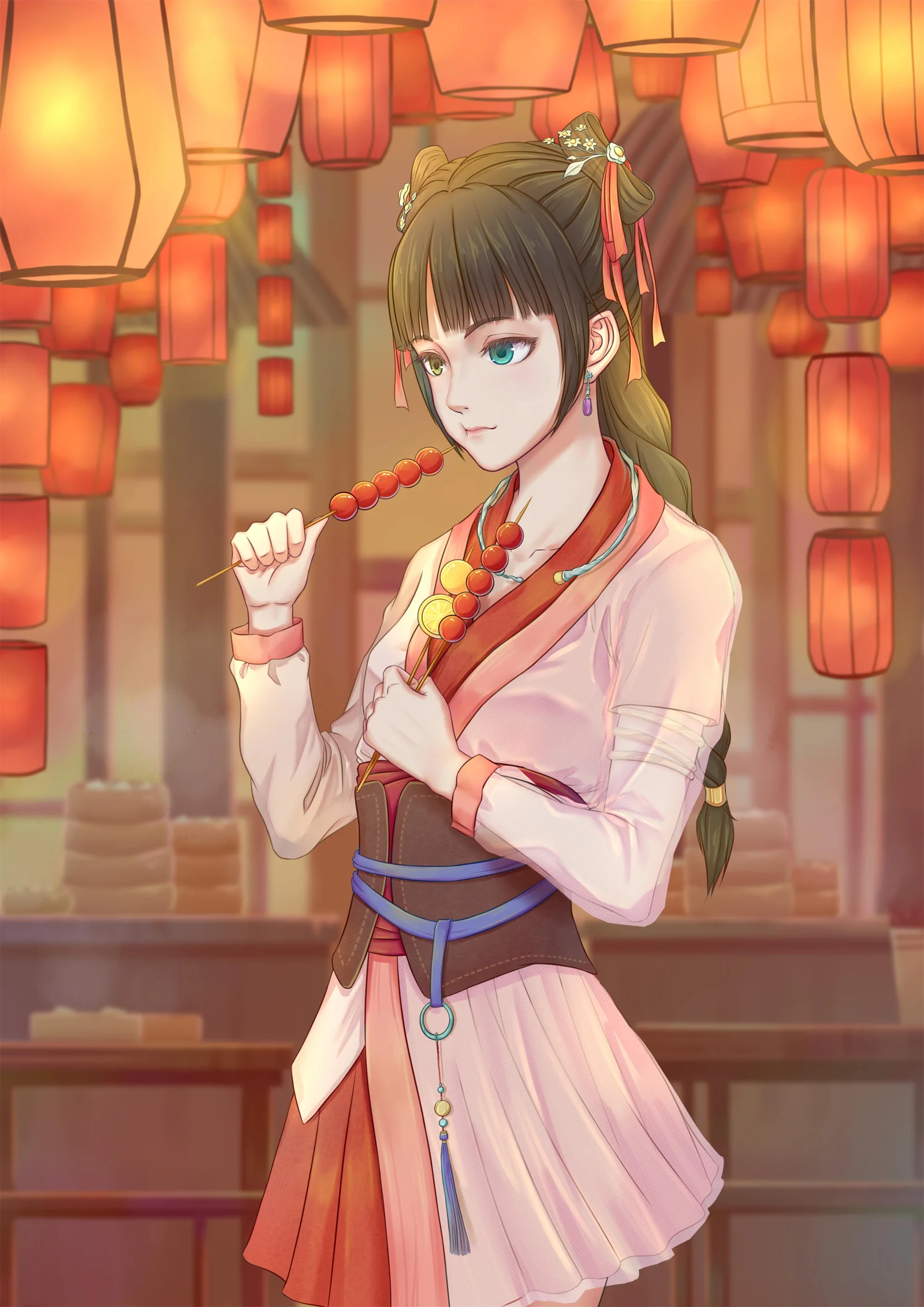 一位身穿传统服饰的动漫少女手持糖葫芦，站在红色灯笼装饰的温暖室内。