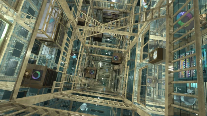 画面展示了由玻璃、金属框架和重复几何线条构成的建筑结构。