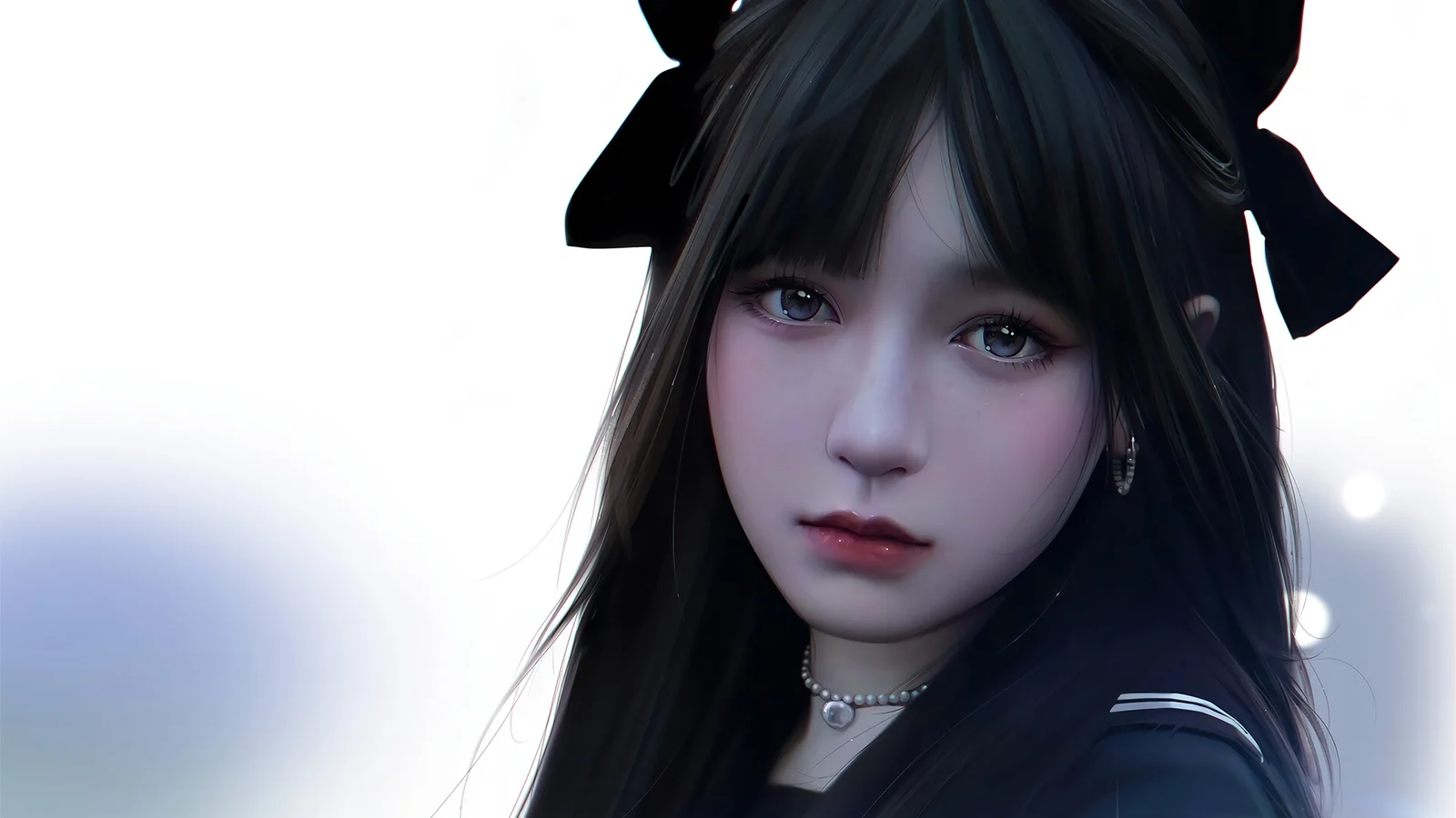 一位黑发动漫少女的近距离肖像，戴着黑色蝴蝶结和珍珠项链，背景为柔和的浅色虚化光影。