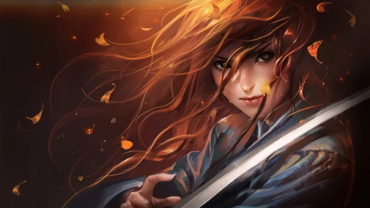 붉은 머리의 애니메이션풍 여성이 주황색 잎과 흩날리는 머리카락 사이에서 검을 들고 있다.