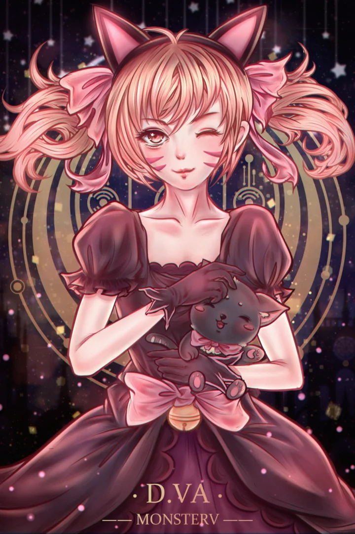 ピンクの長い髪と猫耳飾りのアニメキャラクターが、暗い色のドレスを着て黒猫を抱き、星と装飾模様の背景に描かれている。
