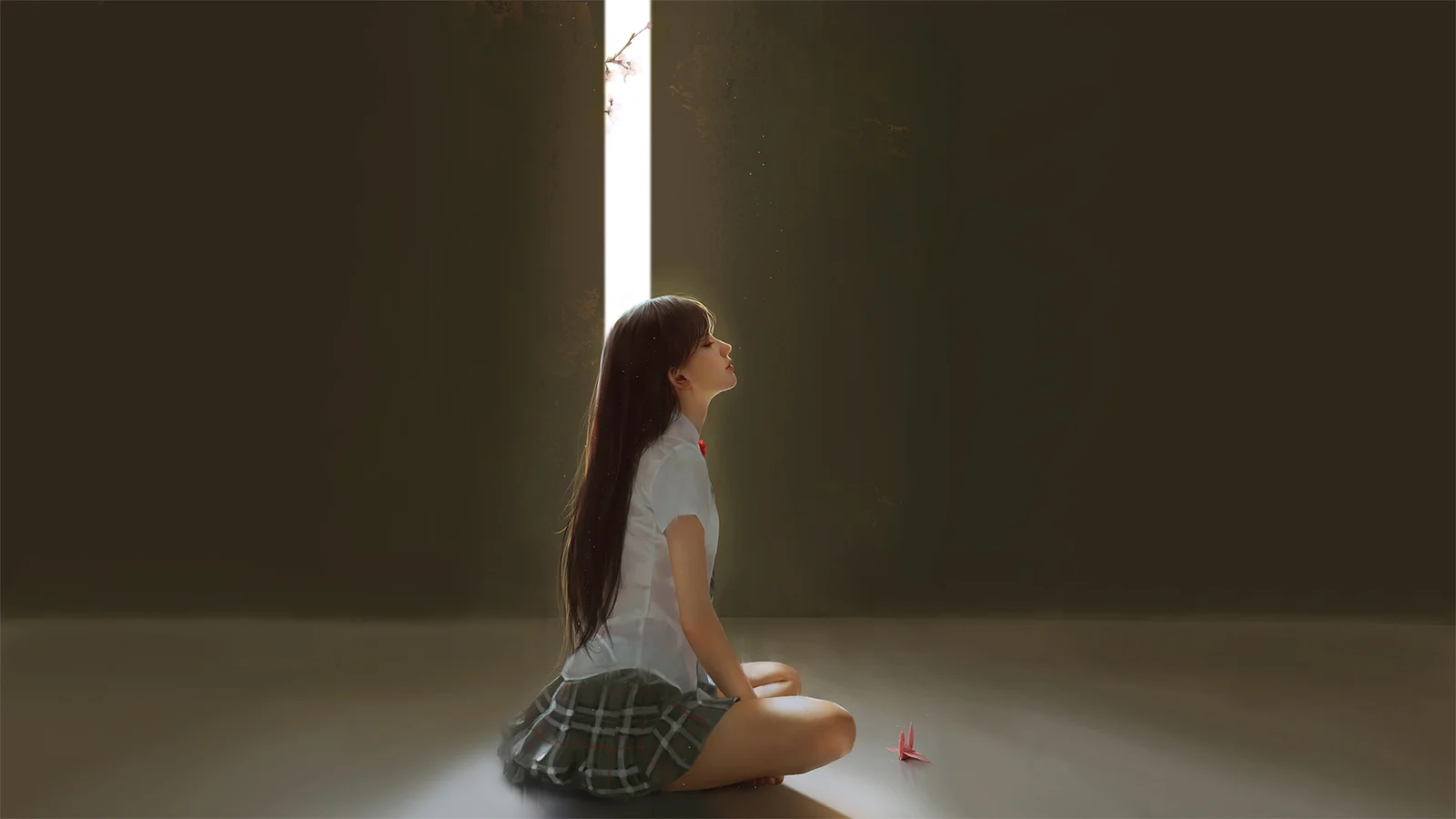 一名女子坐在昏暗房间的地板上，靠近明亮的窗缝并仰头望去。
