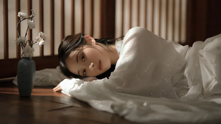一名身穿白色连衣裙的女子侧躺在床上，室内阳光透过木质窗格洒入房间。