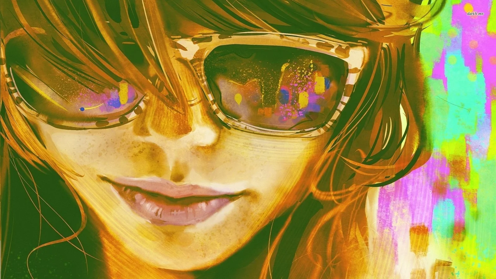 金色、緑、ピンクの筆致で描かれた、サングラスをかけた女性の顔のカラフルなイラストです。