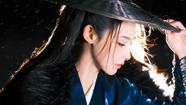 一名身穿蓝色衣袍、戴着宽檐帽的女子侧身凝望。