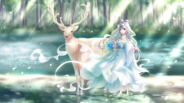 一位身穿浅色长裙的动漫少女站在森林溪流中，身旁是一只白色鹿角的鹿。