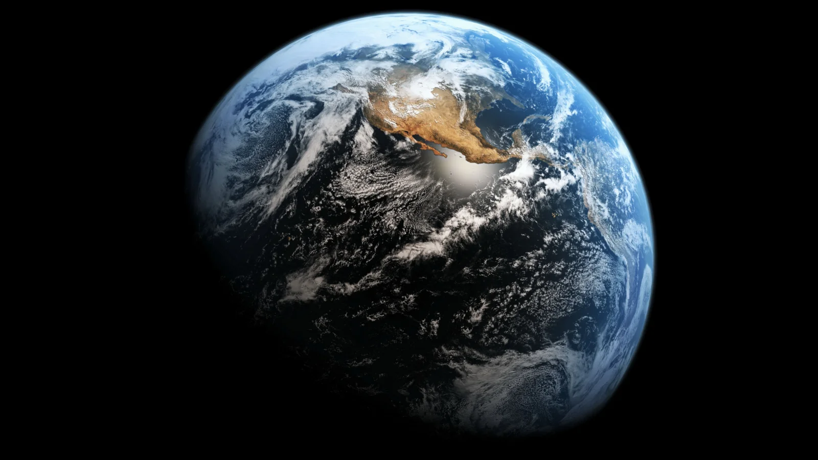 一颗被云层覆盖的地球悬浮在黑色太空背景中。