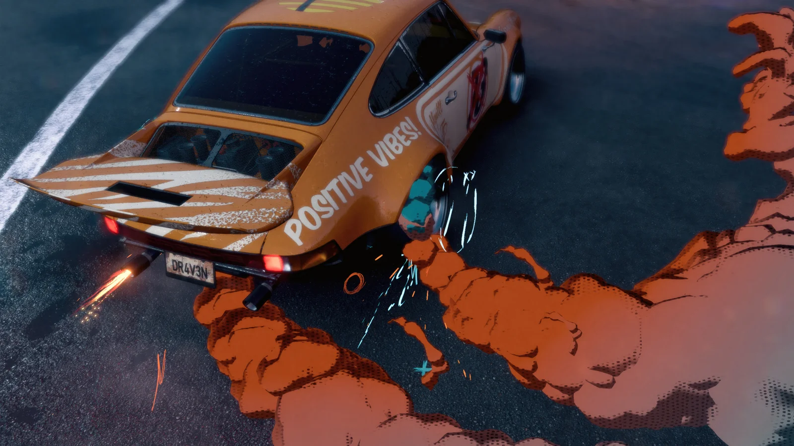オレンジ色のスポーツカーが道路を走り、後方に濃い煙と漫画風の動きの効果が描かれている。