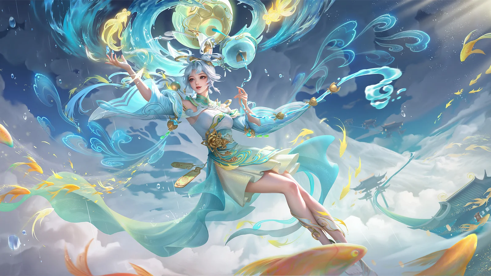 一名身穿浅蓝色服饰的动漫女性漂浮在云海与锦鲤之间，周围环绕着流动的蓝色光影。