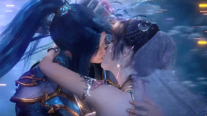 画面中两名动漫风格角色在蓝色光影中拥抱亲吻。