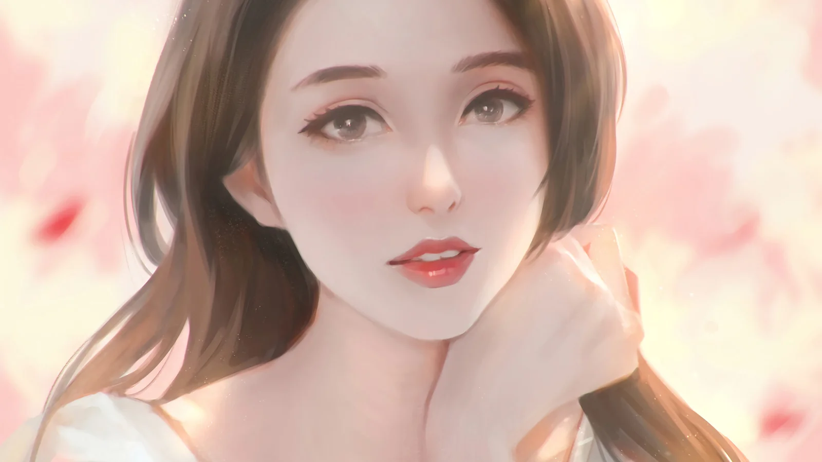 一位棕色长发的动漫女性近距离面向画面，背景呈柔和的粉色光影。