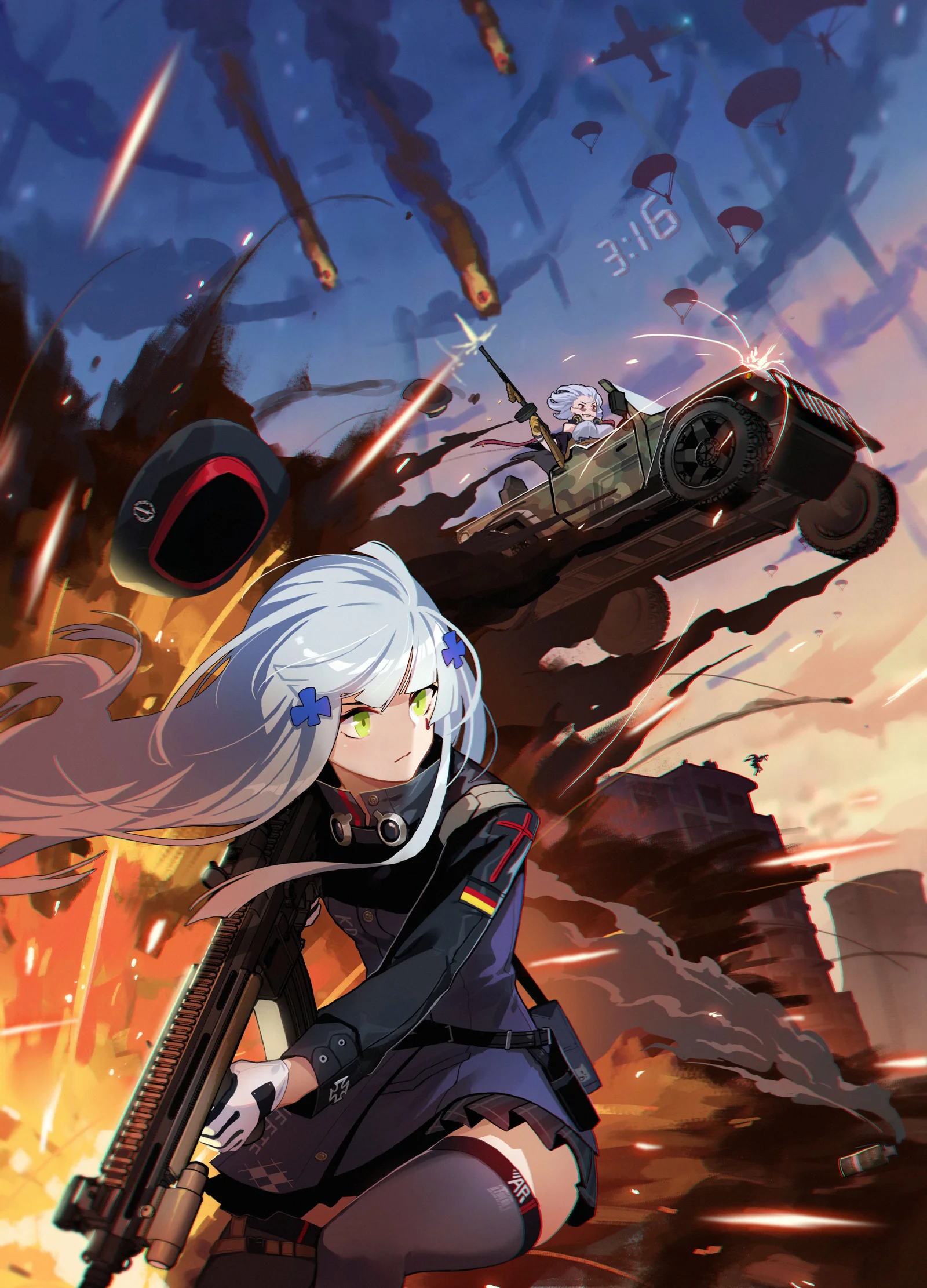 武器を持った白髪のアニメ少女が前景に立ち、背後ではレーシングカーが爆発と飛び散る破片の中を駆け抜けている。