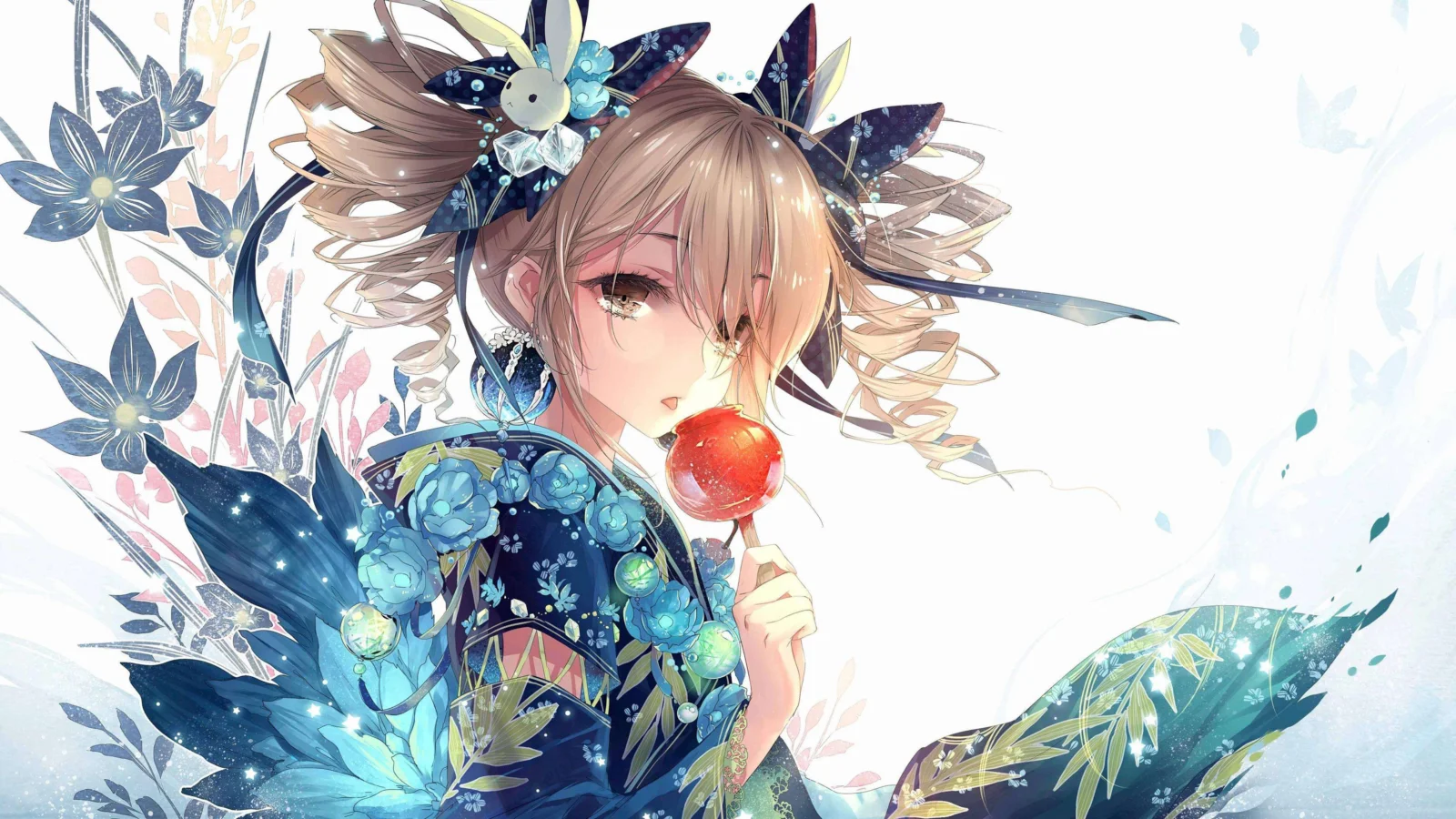 一位身着蓝色花卉装饰服饰的动漫少女手持红苹果，周围点缀着绽放的花朵。