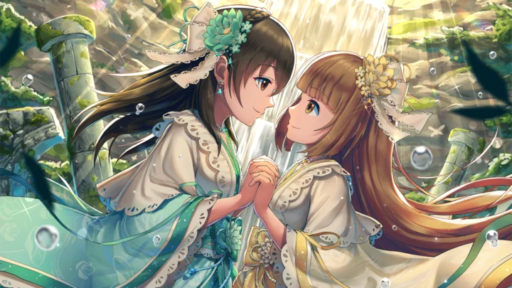 画面描绘两位动漫女性在花朵、绿植与水流环绕的明亮环境中相互凝视。