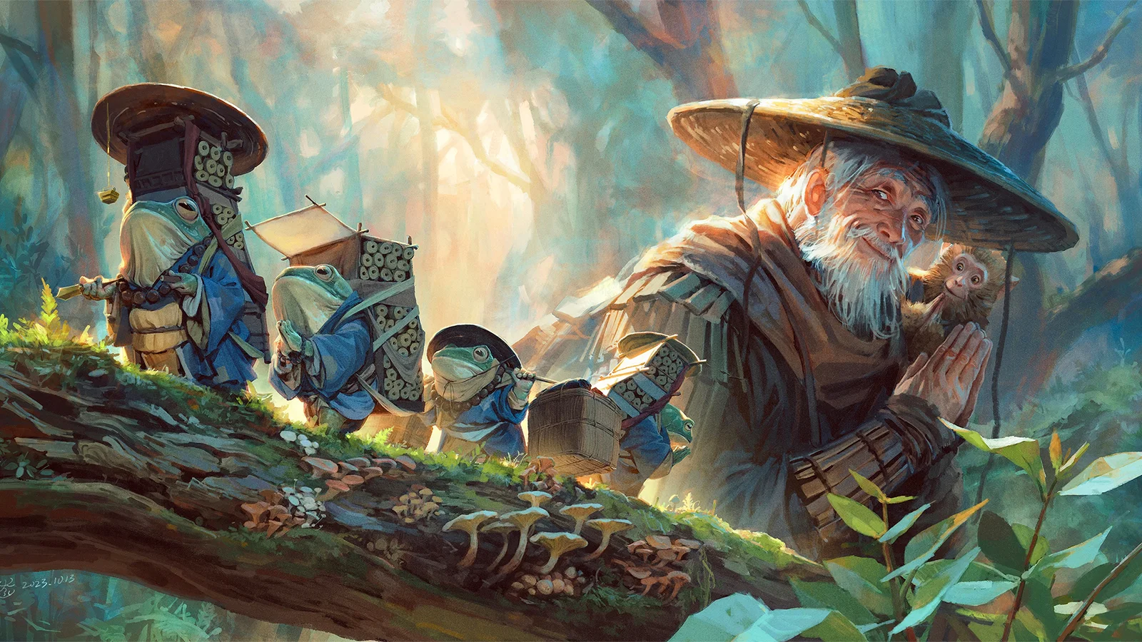 画面描绘一名戴宽檐帽的白胡子角色和几名小型角色站在森林枝干上。