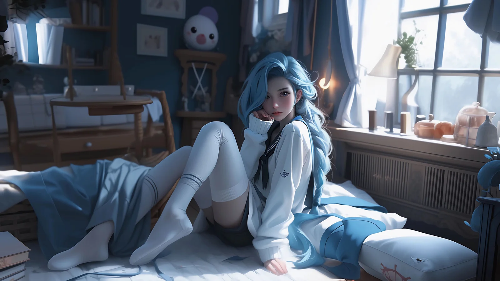 一名蓝发动漫少女坐在明亮卧室的床上。