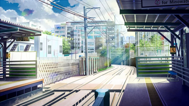 アニメ調の明るい都市鉄道駅で、線路やホームの屋根、架線、遠くの都市建築が見える。