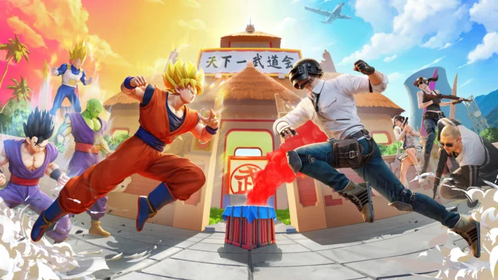 武道場の建物の前で複数のアニメ風キャラクターが躍動する場面が描かれ、背景には熱帯植物や飛行機、カラフルな空が広がっています。