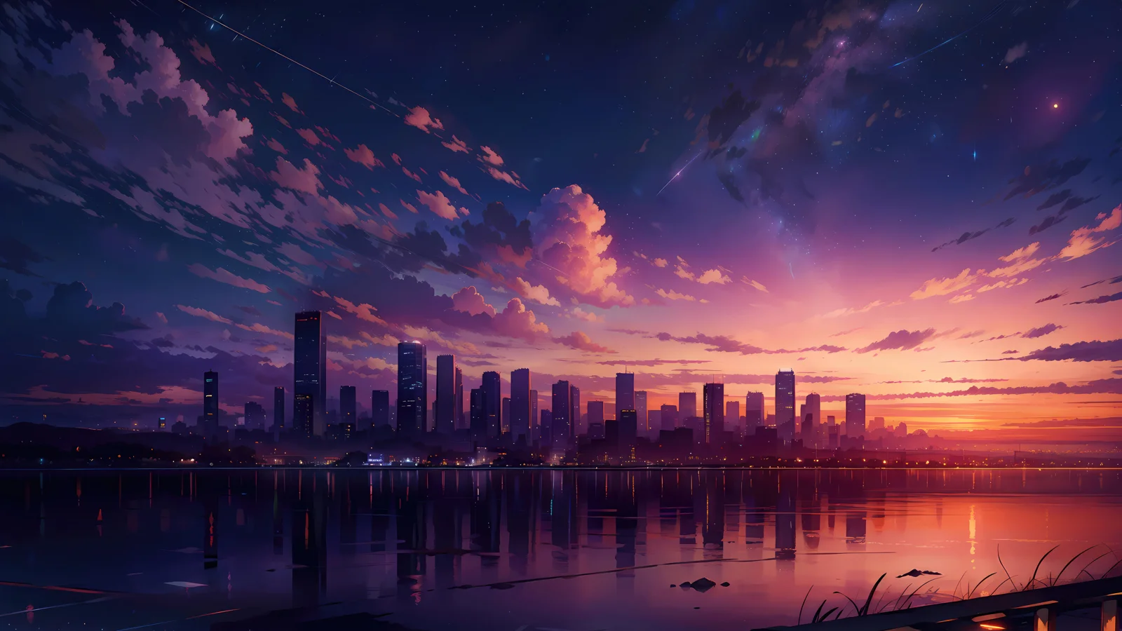 暮色中的城市天際線倒映在平靜水面上，天空呈現紫橙色霞光。