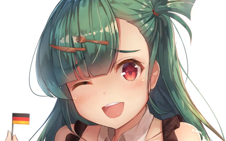 一位绿色长发的动漫少女近距离微笑着看向镜头，手中拿着一面小德国国旗。