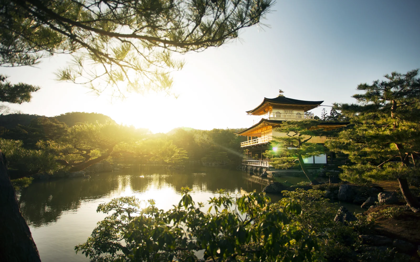 阳光照耀着湖畔的多层木结构建筑、松树和宁静湖面。