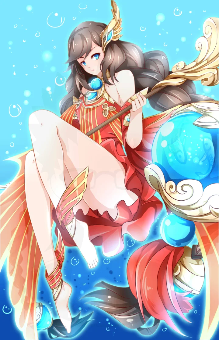 一名身穿红裙的动漫风格女性手持华丽法杖，身旁环绕着明亮的蓝色水晶球与水泡元素。