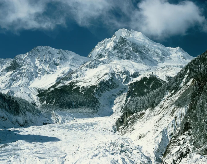 白雪覆盖的高山、冰川和松林映衬在云层下的深蓝天空中。