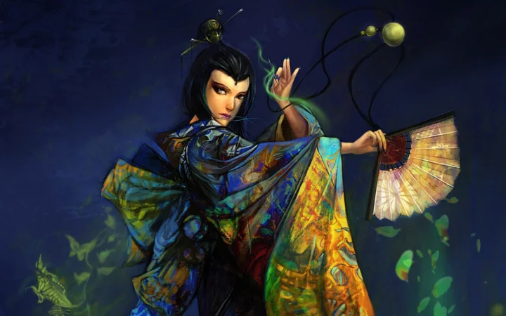 一名身穿彩色长袍的古风女子手持折扇，置身深蓝色幻想背景中。