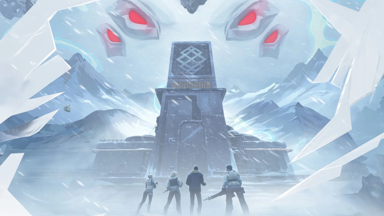 冰雪覆盖的山谷中央矗立着一座神秘要塞，天空中浮现出几双红色眼睛，前景站着几名微小的人影。