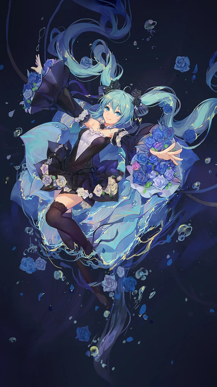 画面展现一位蓝发动漫少女身穿黑色礼服，在蓝色花朵与飘逸发丝间悬浮。