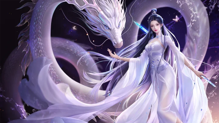 紫色幻想背景中，一名身穿白色长裙的动漫女子与白色巨龙同框。
