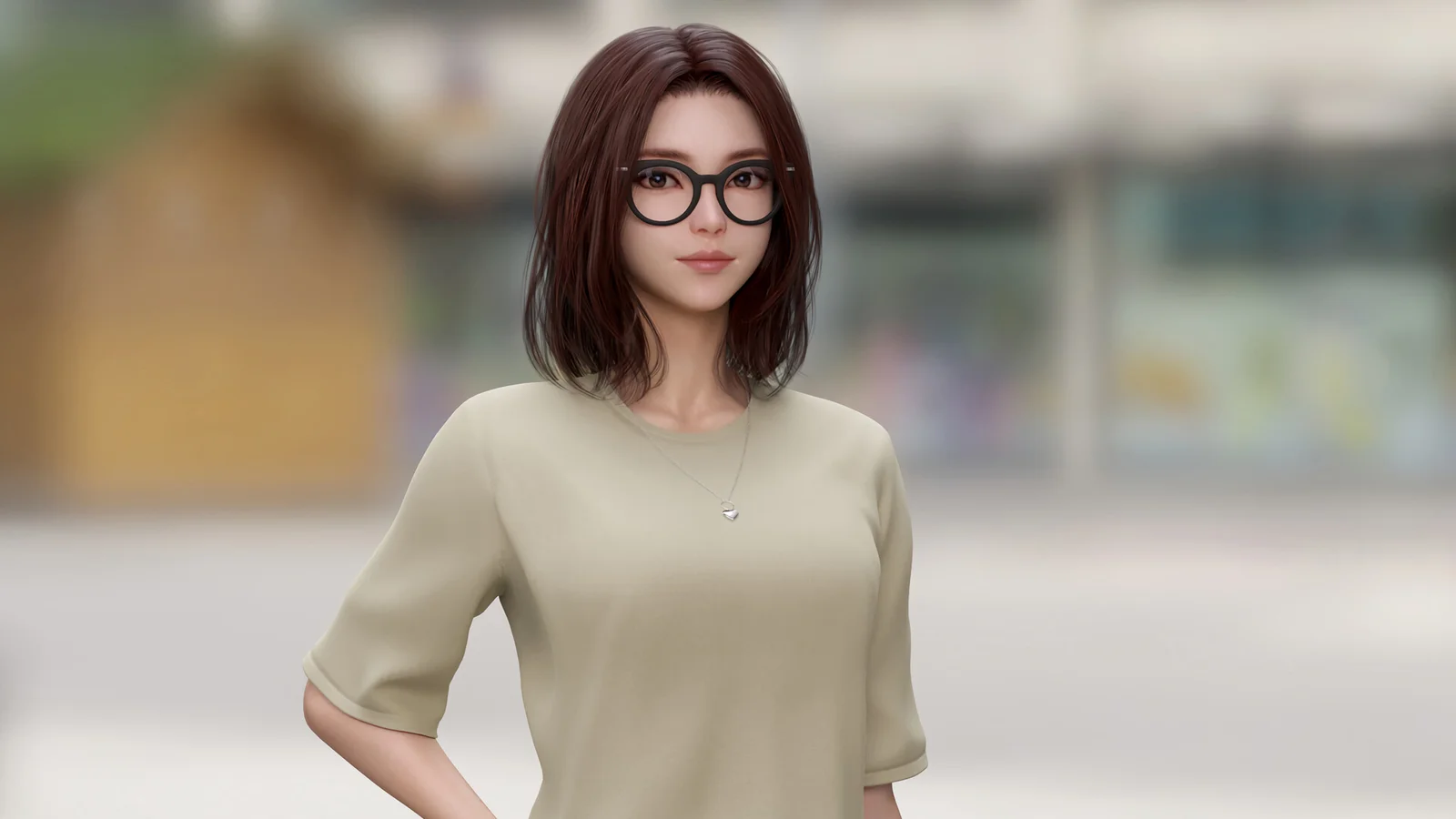 一名戴眼镜的棕发三维女性角色站在虚化的城市背景前。