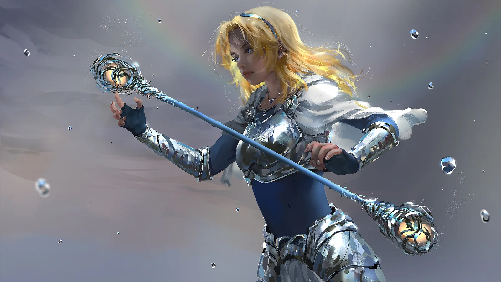 画面呈现一位金发动漫风格女性，身穿银色奇幻铠甲并手持魔法长杖，周围漂浮着水滴般的光点。