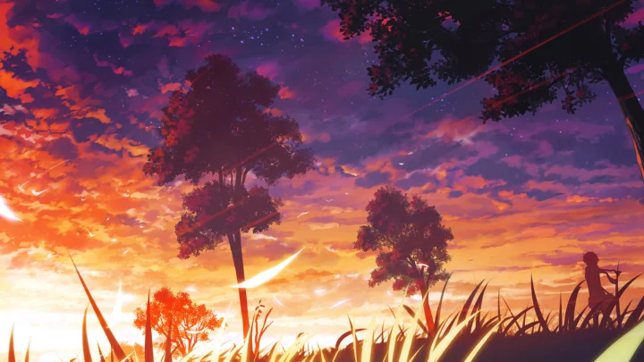 动漫风格的橙紫色夕阳映照着树木、草丛与云彩，远处可见一道人影剪影。