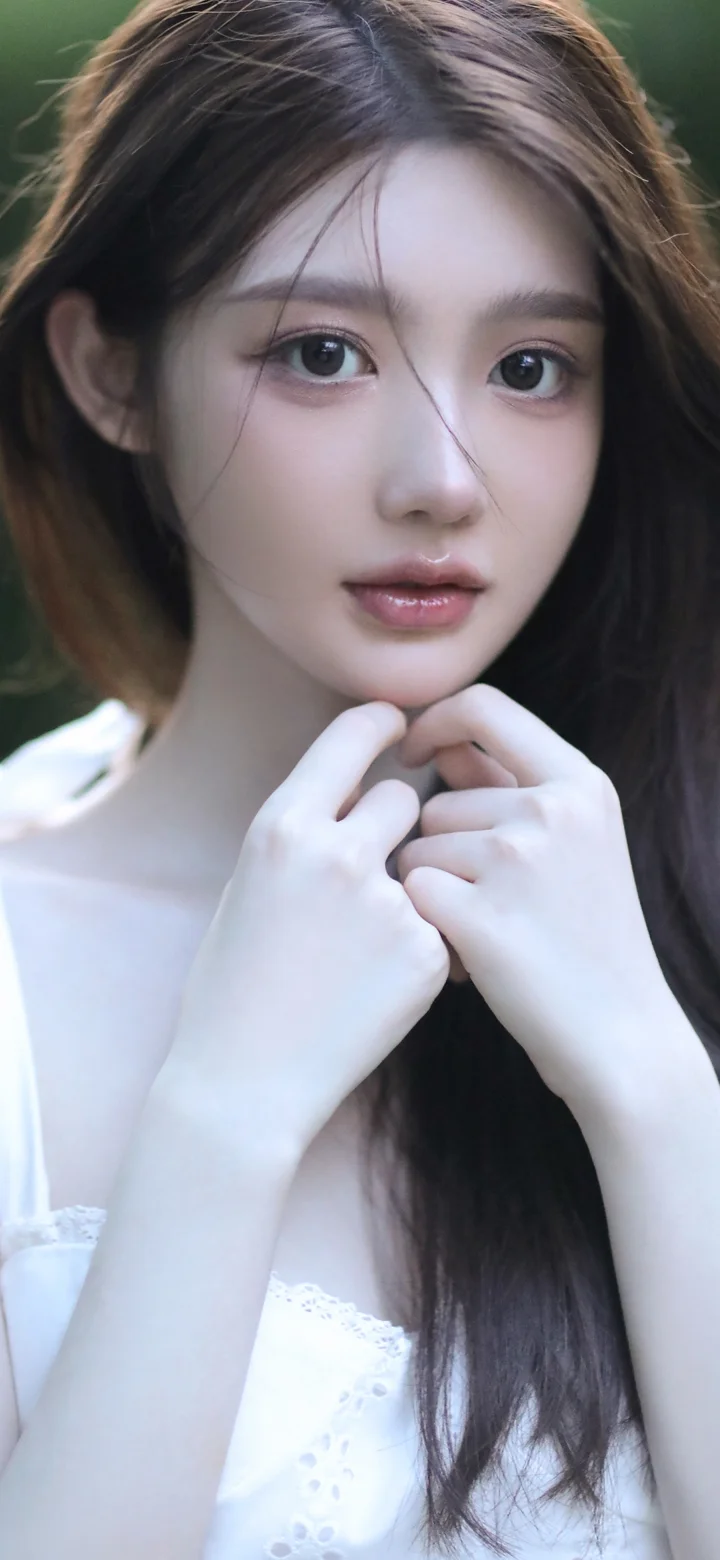 一位长发女性近距离面对镜头，双手轻托下巴，背景柔和虚化。