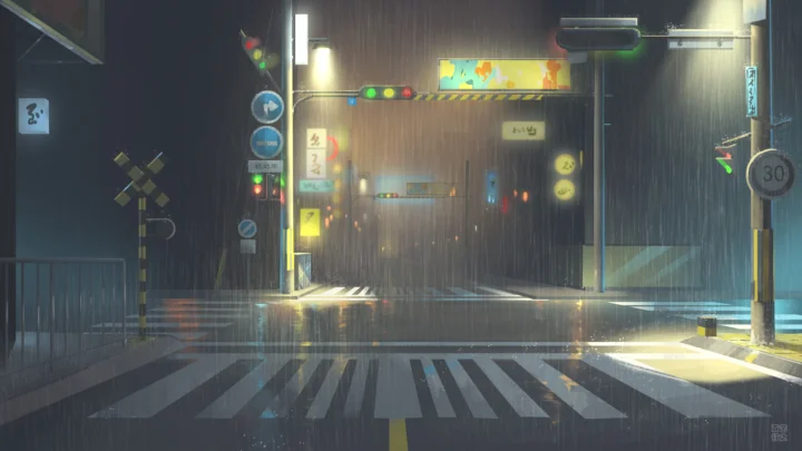 雨水倾泻在灯光映照的城市街道和斑马线上。