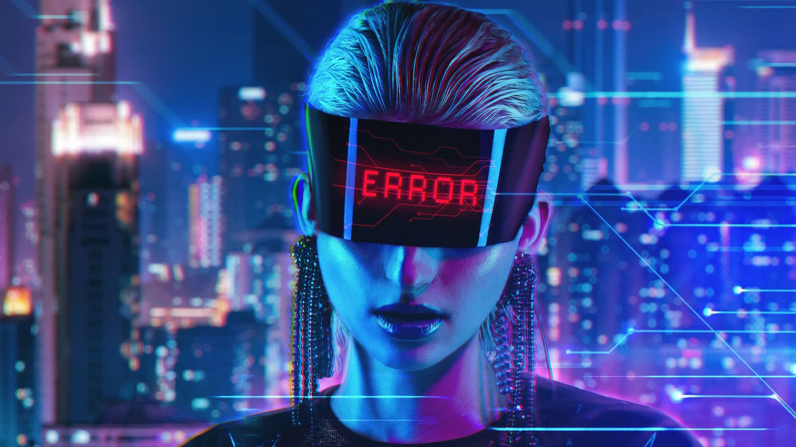 “ERROR”가 표시된 바이저를 쓴 사이버펑크풍 디지털 여성 인물상이 네온 도시를 배경으로 나타난다.
