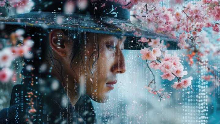 一位成年女性的侧脸被粉色樱花和蓝色数字代码般的光影环绕。