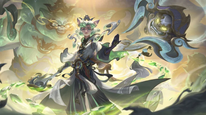画面展示一名奇幻风格角色，周围环绕着漂浮的灵兽、绿色光芒与流动的装饰元素。