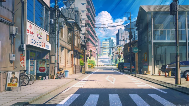 明亮的动漫风格城市街道延伸穿过建筑之间，前景设有斑马线，空中交织着电线。