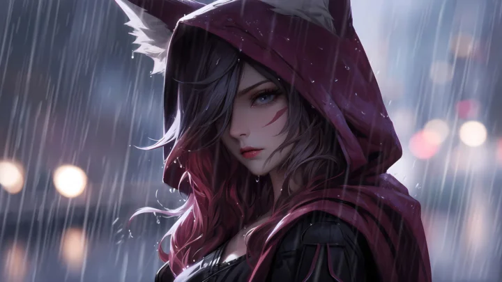 一名紫色兜帽的动漫风格女性站在雨中，背景光影朦胧。