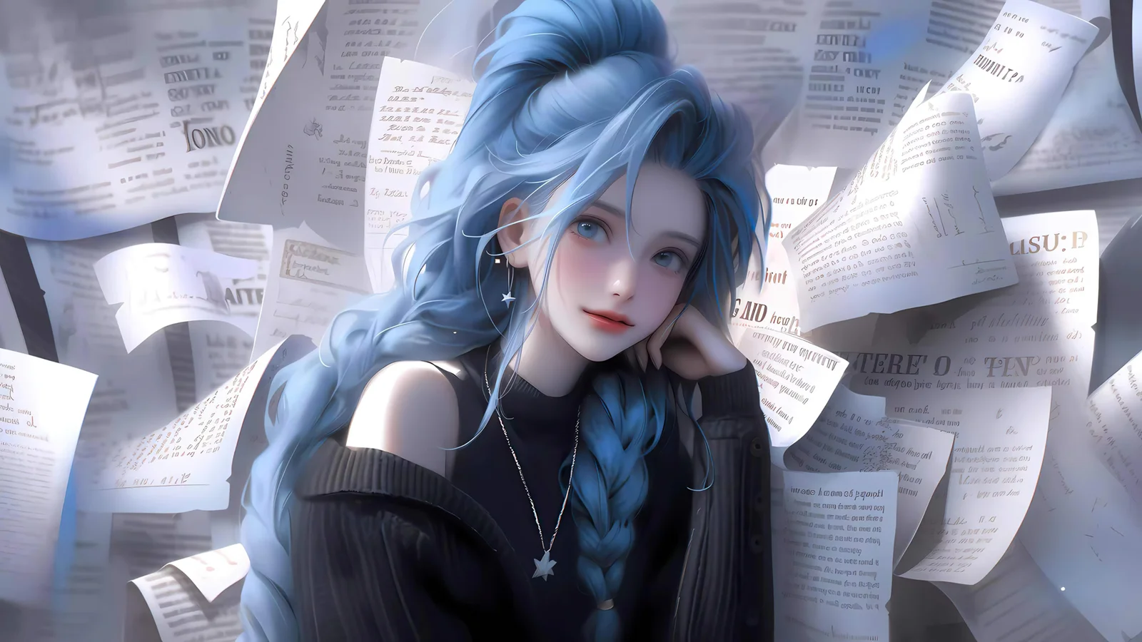 青い編み髪のアニメ風の女性が舞い散る紙片に囲まれている。