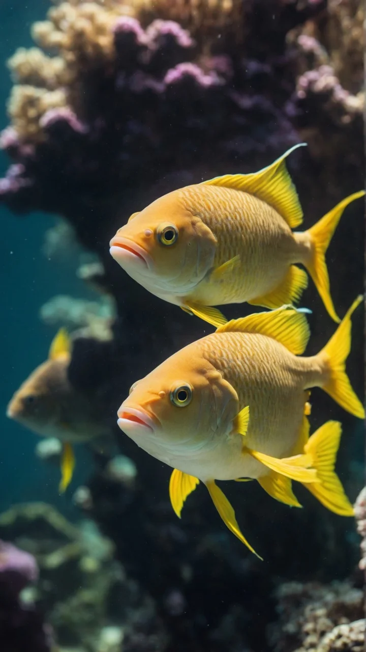 两条黄色鱼在水族箱中游动，背景可见深色珊瑚和水下景观。